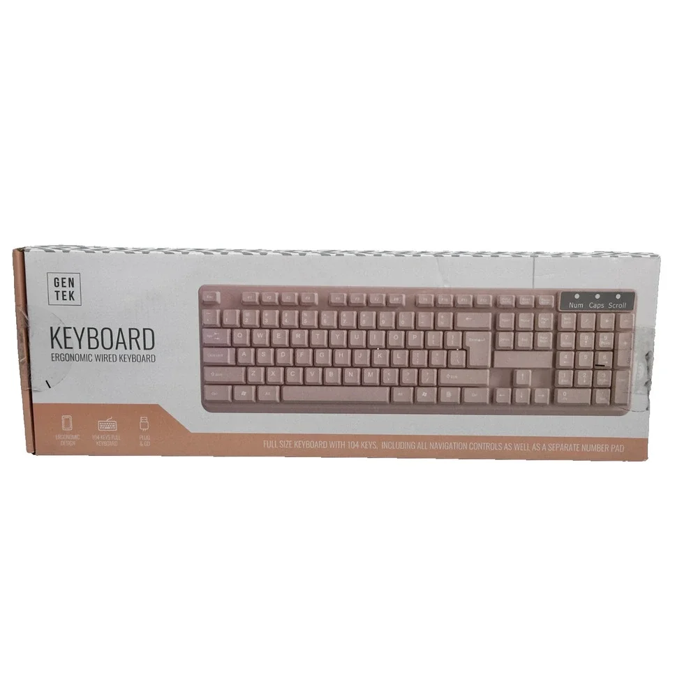 Gen Tek Ergonomic Wired Pink Keyboard Full Size USB Plug & Go With Number Pad
